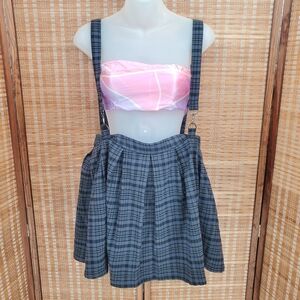 ☆ Hot Topic Gray and Black Plaid Pleated Skirt With Suspenders Size Medium